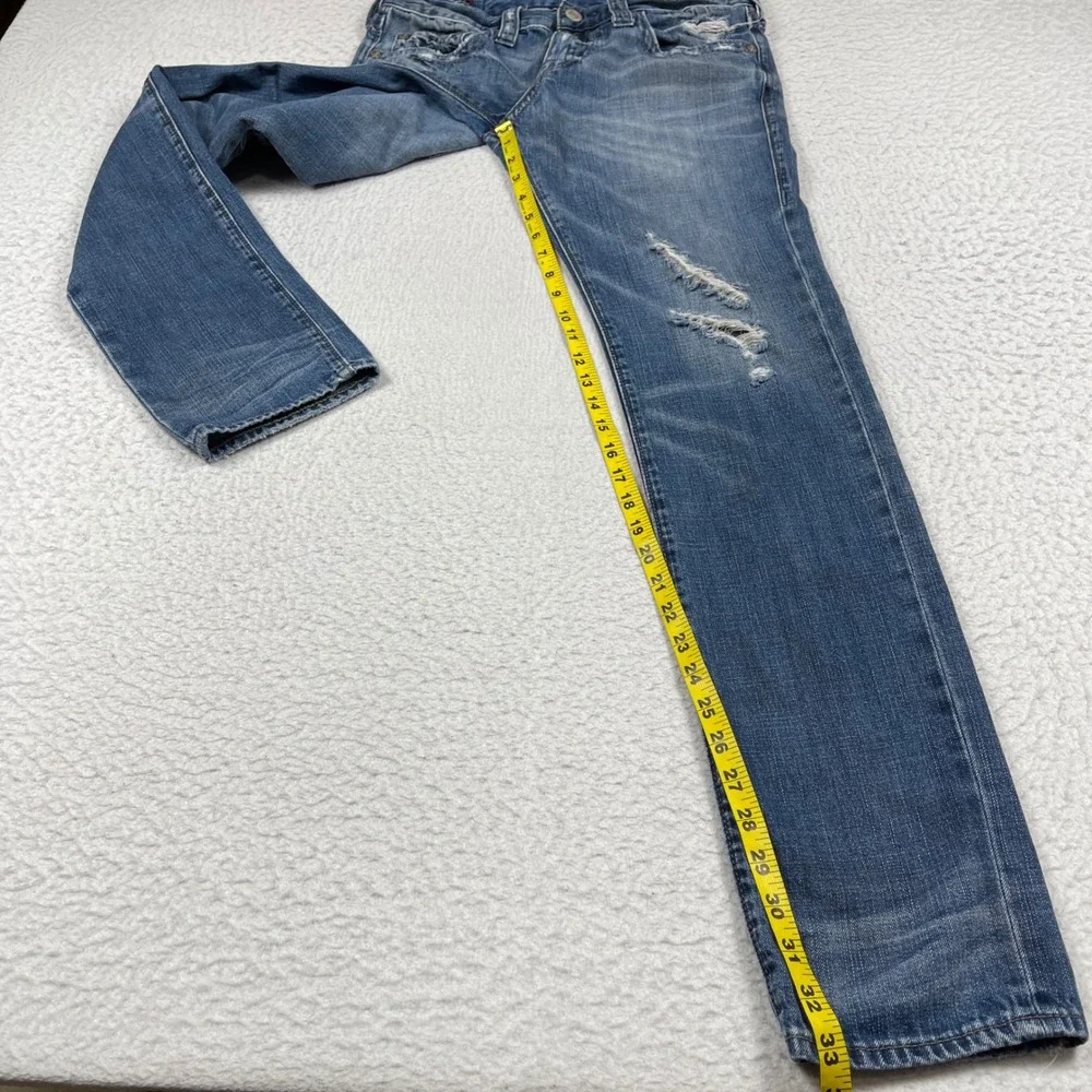 True Religion Rocco Jeans Mens 29 Blue Distressed Relaxed Skinny Side Zip Moto